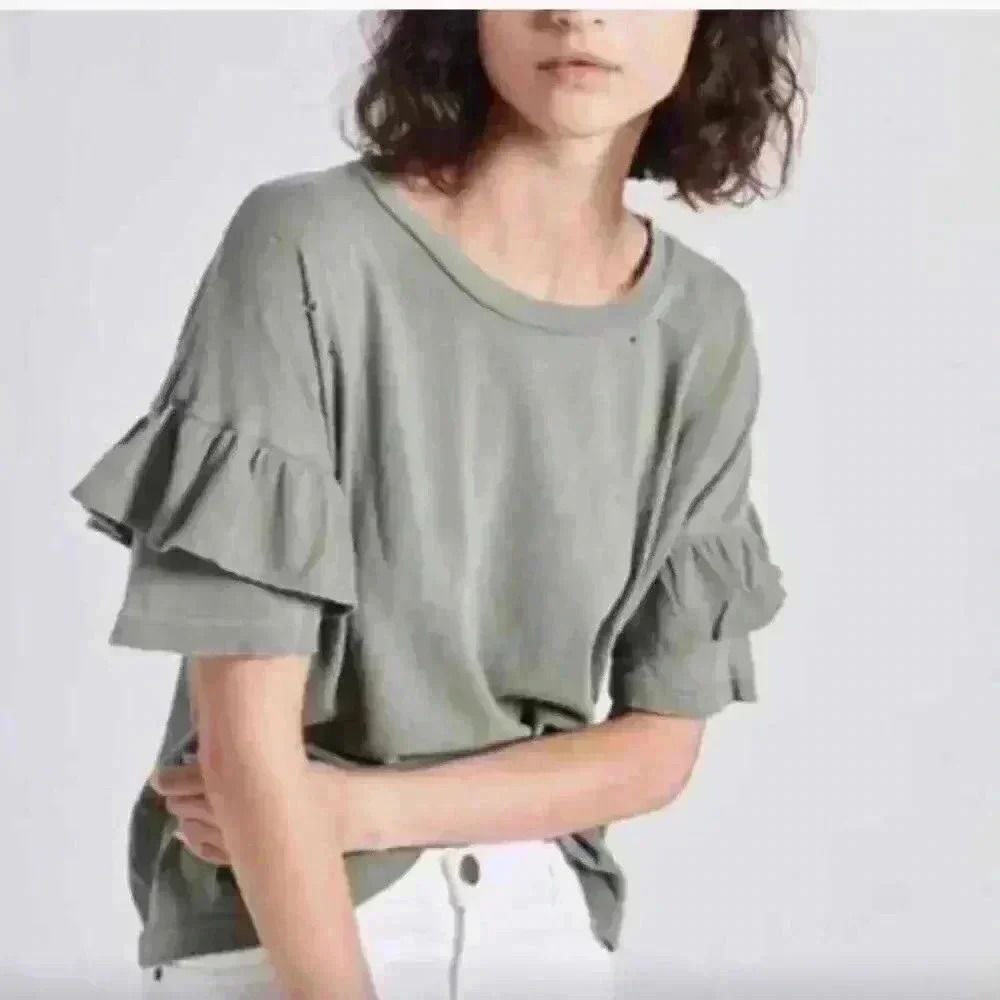Current Elliot ruffle roadie oversized tee XS/0 dusty olive ranch cowboy grunge